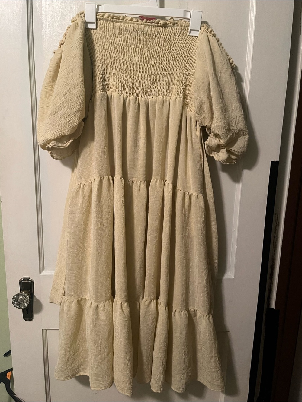 Pink Lily Cream Tiered Smocked Puff-Sleeve Dress